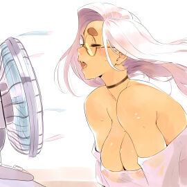 1girls blue_eyes breasts brown_eyebrows choker cleavage covered_nipples electric_fan fan female glasses june_(squeezable) no_bra original see-through see-through_clothing solo squeezable sweat sweatdrop sweating tagme upper_body wet_shirt white_hair white_shirt