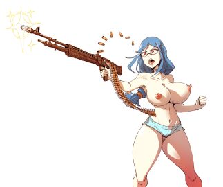 1girls 2024 2d 2d_(artwork) big_breasts blue_hair box_chan breasts breasts_out bullet_casings bullets dark_nipples female female_only firing glasses goes_hard gun huge_breasts human large_breasts light-skinned_female light_skin little_witch_academia long_hair looking_off_screen m60 machine_gun milf no_sex open_mouth ponytail red_eyes shooting shorts simple_background solo solo_female solo_focus standing thighs tits tits_out topless ursula_callistis weapon white_background