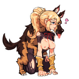 absurdres all_fours black_bodysuit blonde_hair blue_eyes bodysuit breasts canine darkness_(konosuba) doggy_style female hair_ornament heart highres kono_subarashii_sekai_ni_shukufuku_wo! large_breasts literal_doggy_style long_hair lu_blu nipples ponytail saliva saliva_trail straight torn_bodysuit torn_clothes x_hair_ornament zoophilia