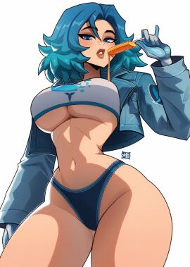 1girls 2d 2d_(artwork) big_breasts blue_eyes blue_hair blush blush_lines breasts curvaceous curvy curvy_figure epic_games female female_only fortnite fortnite:_battle_royale holding_object light-skinned_female light_skin lightrider_(fortnite) looking_down magaska19 no_pants panties popsicle shirt short_hair solo solo_female standing tagme thick_thighs thighs underboob white_background