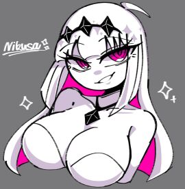 1girls ahoge bare_shoulders breasts bust_portrait cleavage female fnf_mods friday_night_funkin friday_night_funkin_mod grey_background huge_breasts large_breasts long_hair necklace nikusa_(sugarratio) pink_eyes pink_hair pink_sclera sparkles strapless_leotard teeth tiara two-tone_hair upper_body white_body white_breasts white_hair white_skin yume0534