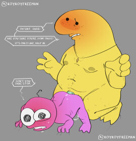 adult_swim anal anal_sex ass belly blush cartoon_network charlie_(smiling_friends) charlie_dompler condom critter_(smiling_friends) cross deep_penetration duo fat_cock gay hi_res humanoid humanoid_on_humanoid jewelry larger_male male male/male male_only navel necklace nipples obscured_penetration overweight overweight_male penetration penile penile_penetration penis penis_in_ass pim_(smiling_friends) pim_pimling royroyfreeman sexual_barrier_device size_difference size_kink size_play smaller_male smiling_friends toony wearing_condom