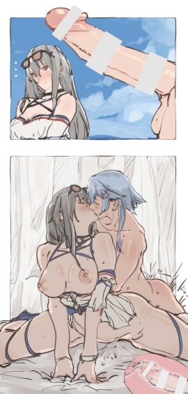 1boy 1girls amanda_kenny arknights blush breasts breasts_out cross_section cum cum_in_pussy cum_in_uterus cum_inside erect_penis eyewear_on_head female femboy femboy_on_female horny horny_femboy kissing light-skinned_female light_skin male milf mizuki_(arknights) otoko_no_ko penis pussy romantic sex skadi_(arknights) straight straight_sex sunglasses swimsuit unprotected_sex uterus vagina vaginal_penetration