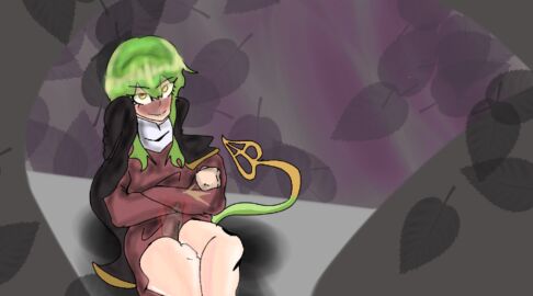 cape clothes dildo dildo_sitting female glowing_eyes green_hair leaves red_clothing self_pleasure shehejf sitting tail