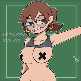1girls arm_up armpits bare_shoulders black_eyes breasts brown_hair earrings female glasses hoop_earrings julie_powers light-skinned_female light_skin nude nude_female partially_clothed pasties scott_pilgrim short_hair sleepyloungeart solo solo_female tank_top tank_top_up x_pasties