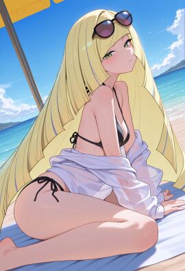1girl ai_generated bangs beach beach_umbrella bikini black_bikini blonde_hair blue_sky blush breasts cloud day eyewear_on_head green_eyes horizon long_hair looking_at_viewer looking_to_the_side lusamine_(pokemon) ocean off_shoulder outdoors owari_wan pokemon pokemon_sm sand see-through shirt side-tie_bikini sitting sky solo sunglasses swimsuit umbrella very_long_hair water wet wet_clothes white_shirt
