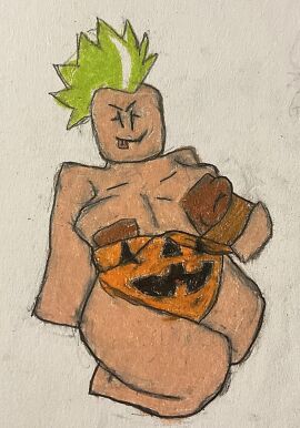 1girls 2d 2d_(artwork) 2d_artwork blocky_body breasts brown_nipples fan_character female flashing flashing_breasts green_hair halloween_costume orange_clothing roblox robloxian self_upload tagme tongue tongue_out traditional_media_(artwork) zoyeensadart