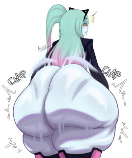 1girls arusen ass ass_body ass_clapping big_ass black_jacket black_stockings blue_hair blue_skin blue_skinned_female bottom_heavy bubble_ass bubble_butt clapping_ass clapping_cheeks cyberpunk:_edgerunners cyborg fat_ass female female_only green_eyes huge_ass hyper_ass jacket long_hair pink_highlights rebecca_(edgerunners) red_sclera rippling_ass stockings twerking