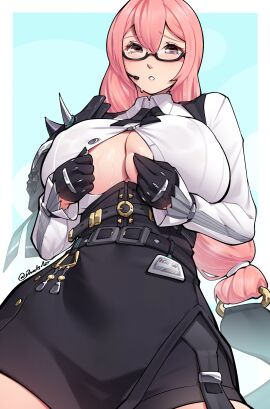 1girls 2024 2d big_breasts breasts button_down_shirt cleavage cleavage_window clothed clothing color dracksart eyebrows_visible_through_hair eyewear female female_only glasses gloves hand_on_breast hi_res large_breasts light-skinned_female light_skin long_hair low-angle_view nipple_bulge open_clothes open_shirt pink_hair presenting presenting_breasts solo solo_female squish sweat sweatdrop sweaty_breasts tsukishiro_yanagi viewed_from_below zenless_zone_zero