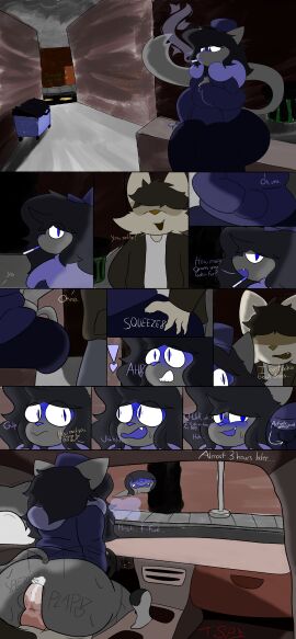 absurd_res alley anal anal_sex anthro ass big_butt blue_eyes blush bodily_fluids brown_hair butt_grab canid canine canis car car_interior car_sex cigarette cigarette_in_mouth clothed clothing comic covered_eyes cum cum_in_ass cum_inside dialogue digital_media_(artwork) domestic_cat duo ejaculation english_text erection felid feline felis femboy femboy_penetrated fur genital_fluids genitals grey_body grey_fur grey_hair hair hand_on_butt hi_res huge_butt inside_car inside_vehicle male male/male male_penetrated male_penetrating male_penetrating_male mammal nervous nervous_smile nervous_sweat object_in_mouth open_mouth penetration penile penile_penetration penis penis_in_ass riding sex smile smoke smoking sweat sweaty_butt tail text thick_thighs topwear travis_(tspithereal) tspithereal vehicle white_body white_fur wide_hips wolf