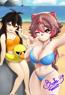 2girls band-aid_on_nose bandaid bandaid_on_nose bare_hips beach beach_background bikini black_hair blue_bikini braid braided_ponytail breasts brown_hair buster-art female female_only hispanic_virtual_youtuber inflatable_duck inflatable_toy kemonomimi latam_virtual_youtuber lin_kaimane long_hair medium_breasts multicolored_hair nail_polish nails nails_painted navel one_eye_closed open_mouth open_mouth_smile orange_bikini orange_eyes painted_nails raccoon_ears raccoon_girl rakkun red_eyes rock seashell selfie sitting_on_rock small_breasts smile streaked_hair swimsuit swimwear twitch.tv virtual_youtuber vtuber vtuberfanart