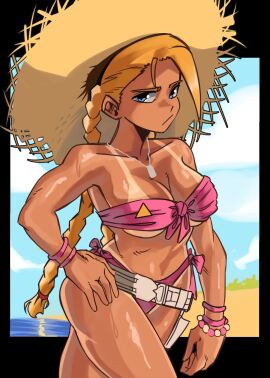 1girls belt big_breasts bikini blonde_hair blue_eyes bracelets braided_ponytail breasts busty cammy_white capcom curvy female hand_on_hip light-skinned_female light_skin moxydraws moxydrawsmore straw_hat street_fighter swimsuit tanline