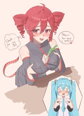 2girls bad_link blue_eyes blue_hair blush breasts daikon hatsune_miku heart highres kasane_teto medium_breasts multiple_girls open_mouth radish red_eyes red_hair speech_bubble vocaloid yaki_iskute