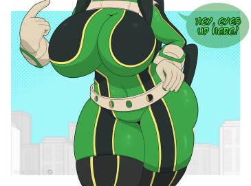 1girls 2d big_breasts boku_no_hero_academia breasts english_text female froppy full_color fully_clothed green_hair hand_on_hip hero_outfit_(mha) long_hair my_hero_academia no_penetration snakebd solo solo_female text thick_body thick_thighs tight_bodysuit tsuyu_asui voluptuous wide_hips