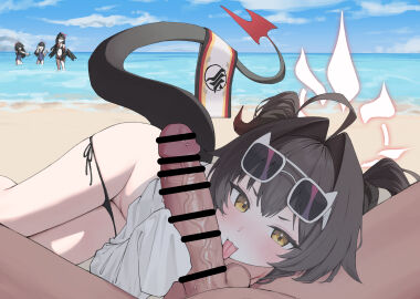 1boy 4girls :3 aak absurdres ahoge balls bar_censor beach bikini bikini_bottom_pull black_bikini black_hair blue_archive blush censored commentary cute_fang demon_girl demon_horns demon_tail dress_shirt erection eyewear_on_head fellatio female hair_between_eyes hair_intakes halo highres horns ichika_(blue_archive) ichika_(swimsuit)_(blue_archive) justice_task_force_member_(blue_archive) kasumi_(blue_archive) kasumi_(swimsuit)_(blue_archive) licking licking_penis looking_at_viewer lying male multiple_females multiple_girls ocean on_side open_mouth oral outdoors paid_reward_available penis petite red_halo shirt side-tie_bikini side-tie_bikini_bottom side-tie_panties sleeves_past_fingers sleeves_past_wrists solo_focus straight sunglasses sunglasses_on_head swimsuit tail testicles tongue tongue_out trinity_general_school_swimsuit twintails white_shirt yellow_eyes