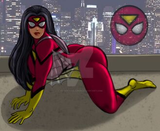 ass ass_focus black_hair female gloves jessica_drew johnnyharadrim large_ass marvel marvel_comics mask red_suit spider-woman superhero_costume superheroine