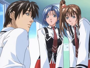 00s 1boy 2001 2girls animated ass bible_black bible_black_night_of_the_walpulgiss blue_eyes blue_hair bowtie brown_hair classroom female green_eyes hair_ornament imari_kurumi long_hair lowres minase_taki multiple_girls murai_ayumi necktie red_bowtie red_skirt school_uniform shirt short_hair side_ponytail skirt tagme