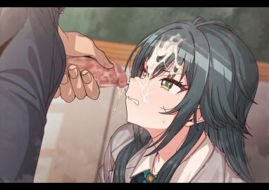 after_ejaculation black_hair blurry blurry_background censored clenched_teeth cum cum_on_hair erere facial female gakuen_idolmaster green_eyes grey_jacket idolmaster indoors jacket letterboxed long_hair male mosaic_censoring penis shirt solo_focus teeth tsukimura_temari upper_body white_shirt