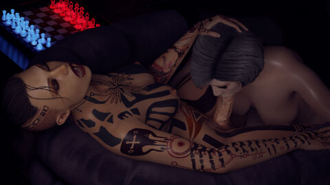 1futa 1girls 3d age_difference akikosdream bioware blowjob breasts closed_eyes dr._karin_chakwas fellatio female futa_on_female futanari gilf granny grey_hair hand_on_head intersex jack_(mass_effect) mass_effect nude old old_woman older_female oral penis pleasure_face shaved_sides tattoo tattoos tattoos_everywhere