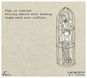 apron birdcage bondage bound cage caged collar english_text female female_only femsub kinktober line_art luctem maid maid_apron maid_headdress partially_colored png posture_collar revealing_clothes simple_background stockings text thighhighs