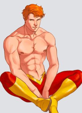 1boy dc dc_comics justice_league male muscular muscular_male pants pants_on red_hair scar scar_on_chest shirtless shirtless_male sitting the_flash_(series) wally_west