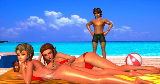 1boy 2girls 3d beach_ball bikini dabnis-sinbad female ilia link male one-piece_swimsuit princess_zelda red_bikini swimsuit the_legend_of_zelda the_legend_of_zelda:_twilight_princess xnalara zelda_(twilight_princess)