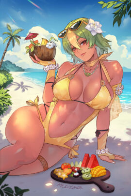 1girls alternate_costume arm_support artist_name bare_shoulders beach bikini blonde_hair blue_sky bracelet breasts closed_mouth cloud cloudy_sky coconut collarbone dark-skinned_female dark_skin day drinking_straw earrings eyewear_on_head female female_only fingerless_gloves fire_emblem fire_emblem_heroes flower food fruit gloves grey_hair hair_flower hair_ornament holding jewelry laegjarn_(fire_emblem) large_breasts lips looking_at_viewer meziosaur multicolored_hair navel necklace nintendo ocean outdoors palm_leaf palm_tree red_eyes shadow short_hair sky smile stomach sunglasses swimsuit thigh_strap thighs tree tropical_drink water yellow_bikini yellow_swimsuit