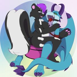 2024 absurd_res anthro ball_gag big_tail black_body blue_body blue_eyes bodily_fluids bondage bound breasts chair chair_position dragon duo ether_(dragon) eye_contact female from_behind_position fur furniture gag gagged green_eyes hair hi_res horn implied_knotting implied_vaginal licking looking_at_another male male/female mammal mephitid mythological_creature mythological_scalie mythology nipple_fetish nipple_lick nipple_play nipples on_chair open_mouth pastel_theme purple_hair purple_horn purple_spikes pussy restraints rope rope_bondage rope_harness saliva scales scalie sex sitting sitting_on_chair skunk starmedals tail tongue wings