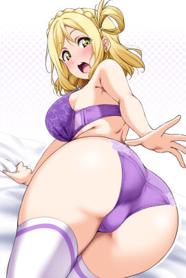 1girls armpits ass ass_focus bare_shoulders bed_sheet bent_over blonde_hair blush bra braid breasts commentary crown_braid female hair_rings highres lace lace_bra lace_panties large_breasts looking_at_viewer looking_back love_live! love_live!_sunshine!! ohara_mari on_bed panties polka_dot polka_dot_background purple_bra purple_panties single_hair_ring solo thick_thighs thighhighs thighs underwear underwear_only white_thighhighs yellow_eyes yopparai_oni