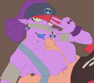 big_breasts brawl_stars breasts cap edgar_(brawl_stars) emz_(brawl_stars) female nipples paizuri peace_sign purple_body purple_hair superfan_emz superfan_emz_(brawl_stars) titfuck titjob tongue tongue_out unknown2410p