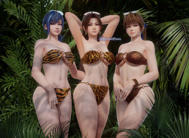 3dloveandpeace 3girls alluring auburn_hair bare_legs big_breasts bikini black_and_blue_hair blue_eyes blue_hair breasts brown_eyes brown_hair cleavage crossover dead_or_alive dead_or_alive_6 dead_or_alive_xtreme_venus_vacation fatal_fury female kasumi kasumi_(doa) king_of_fighters mai_shiranui reika_(doa) snk tecmo the_king_of_fighters
