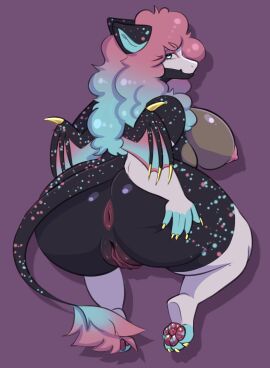 absurd_res anthro anus ass big_ass big_breasts big_butt blue_eyes blue_hair breasts canid canine chuwuvy dragon female genitals hair hi_res hybrid long_hair mamalucy mammal mythological_creature mythological_scalie mythology overweight overweight_female pink_hair presenting presenting_anus presenting_pussy pussy scalie solo wings