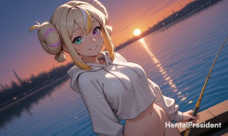 ai_generated breasts double_bun female female_only fishing hentaipresident holding holding_object large_breasts looking_at_viewer medium_breasts naked naked_female navel no_panties nude nude_female outdoors solo solo_female standing stomach