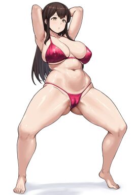1girls akagi_(kantai_collection) amber_eyes armpits arms_behind_head bikini breasts brown_hair cameltoe cleavage curvy female huge_breasts kantai_collection long_hair posing pussy rakutosu voluptuous