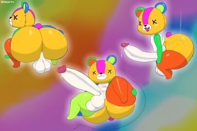 2024 animal_crossing animate_inanimate anthro ass axoarts balls bear big_ass big_balls big_butt big_penis black_nose blue_body blue_ears bodily_fluids clothing crouching digital_media_(artwork) genital_fluids genitals green_body green_ears hand_on_ass hand_on_butt hand_on_leg hand_on_own_butt hand_on_own_leg hi_res huge_cock hyper hyper_genitalia hyper_penis living_plushie looking_at_back looking_at_viewer lying male mammal mismatched_ears multicolored_body nintendo on_back orange_body penis pink_body plushie precum presenting rear_view side_view sleeveless_shirt smile solo stitches_(animal_crossing) thick_thighs tongue tongue_out topwear white_body white_clothing white_sleeveless_shirt white_topwear x_eyes