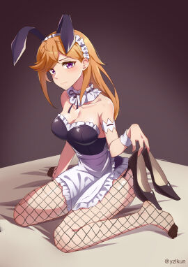 alternate_hair_length apron bare_arms black_leotard blush body_blush breasts bunny_ears bunnysuit cleavage closed_mouth collarbone detached_collar feet female fishnet_pantyhose fishnets high_heels highleg_leotard holding_shoes leotard long_hair love_live! love_live!_superstar!! maid_headdress medium_breasts orange_hair purple_eyes shibuya_kanon shiny_skin strapless_leotard toes wariza wrist_cuffs yzlkun