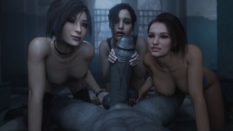 1boy 3d 3girls ada_wong ada_wong_(adriana) balls balls_fondling balls_grab big_penis biohazard breasts capcom claire_redfield claire_redfield_(jordan_mcewen) cock_worship female fondling_balls foursome grey_skin huge_cock jill_valentine jill_valentine_(sasha_zotova) light-skinned_female light_skin looking_at_viewer male monster mr_x penis pov resident_evil resident_evil_2 resident_evil_2_remake resident_evil_3 resident_evil_3_remake stephanie23 tyrant