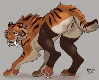 anus clothed clothed_feral clothing fangs feet felid female feral fur genitals green_eyes hi_res legwear lingerie lingerie_on_feral looking_at_viewer mammal orange_body orange_fur pawpads paws prehistoric_species pussy retbriar saber-toothed_tiger sabertooth_(anatomy) sierra_(retbriar) simple_background solo striped_body striped_fur stripes teeth thigh_highs toeless_legwear toeless_stockings