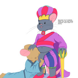 1:1 anthro balls blush bodily_fluids bottomwear bottomwear_down buckteeth clothed clothing clothing_lift dialogue duo english_text foreskin genitals hi_res king licking male male/male mammal mouse murid murine open_clothing open_mouth open_shirt open_topwear oral pants pants_down partially_clothed penile penis penis_lick rodent royalty sex shirt shirt_lift slightly_chubby sweat teeth text tongue topwear touching_penis twerpishimp uncircumcised