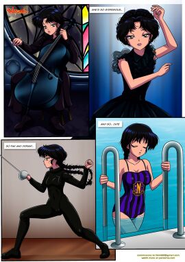 bbmbbf cello children_of_woe_(comic) dress female jenna_ortega palcomix pool swimsuit the_addams_family wednesday_(netflix) wednesday_addams