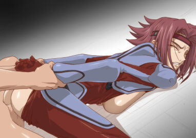 1boy 1girls against_floor ambiguous_penetration arm_grab bodysuit breasts censored closed_eyes closed_mouth clothed_female_nude_male code_geass face_down_ass_up female floor_sex from_behind from_behind_position grabbing_arms kallen_stadtfeld kyabakurabakufu male prison_guard_position red_hair sex short_hair