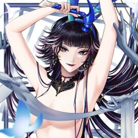 1girls angon623_(artist) behind_curtain big_breasts black_hair blue_eyes bowtie breasts bunny_ears butterfly chisel curtains earrings enfer_(path_to_nowhere) female hammer hiding_breasts lipstick long_hair looking_at_viewer mole mole_under_eye multicolored_hair nail_polish no_bra nude path_to_nowhere pink_hair statue white_background white_hair white_skin