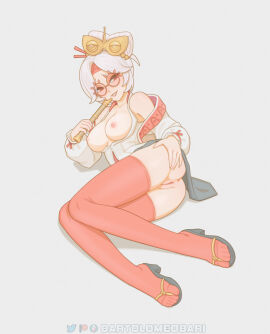 1girls 2d 2d_(artwork) anus artist_name ass_spread bartolomeobari bottomless breasts female glasses glasses_on_head hair_ornament human inviting large_breasts looking_at_viewer no_sex on_side partially_clothed presenting presenting_anus presenting_pussy purah pussy simple_background smiling_at_viewer solo solo_female the_legend_of_zelda thighhighs white_hair