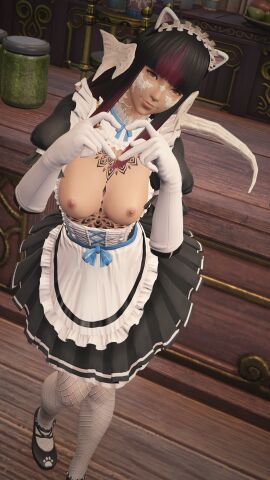 3d au_ra breasts breasts_out cat_ears evisaii female ffxiv final_fantasy_xiv gpose_(ffxiv) maid maid_uniform oc partially_clothed public public_nudity solo tanned_skin tattoo topless