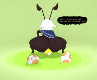 ass beents_(species) big_ass binah_(mamimibuns) birth dialogue egg egg_laying mamimibuns shortstack solo white_hair