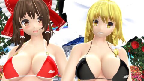 2022 2girls 3d bikini bikini_top black_bikini_top blonde-haired_female blush bowtie brown-eyed_female brown-haired_female clouds cloudy_sky duo_female duo_focus female flowers garden hat hati_yukkuri_mmd headwear human jpeg light-skinned_female long-haired_female looking_at_viewer marisa_kirisame mmd open_mouth outdoors rainbow red_bikini_top red_ribbon reimu_hakurei ribbon rose_(flower) short-haired_female sky smiling_at_viewer swimsuit touhou white_bowtie witch_hat yellow-eyed_female