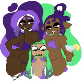 3girls big_breasts bikini breasts brown_eyes chubby chubby_female dark-skinned_female dark_skin digital_drawing_(artwork) dus duskizi female female_only flat_chest green_eyes green_hair inkling inkling_girl looking_at_another mesa_(dus) multiple_females multiple_girls nervous nervous_expression nintendo octoling octoling_girl orange_eyes original original_characters purple_hair smirk splatoon tan_skin tan_skinned_female