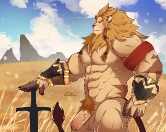 1boy abs absurdres afk_(series) afk_arena afk_journey anthro balls bara blue_sky brutus_(afk) claws cloud cloudy_sky drawreshi english_commentary field furry furry_male grasslands highres holding holding_sword holding_weapon lion male male_focus mountain nude pectorals penis profile sky solo_male sword tail testicles weapon yaoi