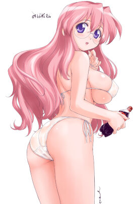 1girls bikini blue_eyes blush female glasses looking_back_at_viewer lucky_star miyuki_takara open_mouth pink_hair side-tie_bikini simple_background tagme tsuchinoto