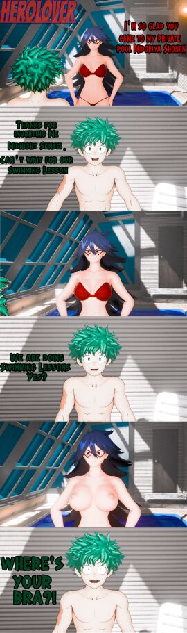 3d big_breasts bikini boku_no_hero_academia breasts comic dialogue female green_eyes green_hair herolover humor izuku_midoriya kayama_nemuri male midnight_(my_hero_academia) midoriya_izuku my_hero_academia nemuri_kayama nude_female older_female older_female_and_younger_male pool smile teacher teacher_and_student topless watermark younger_male